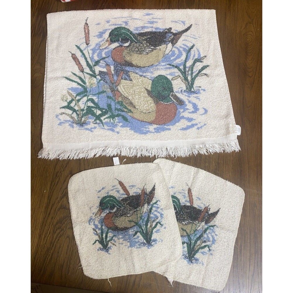 Vintage Cannon Bath Towel & 2 Rags Mallard Ducks  100% Cotton Made In USA Decor